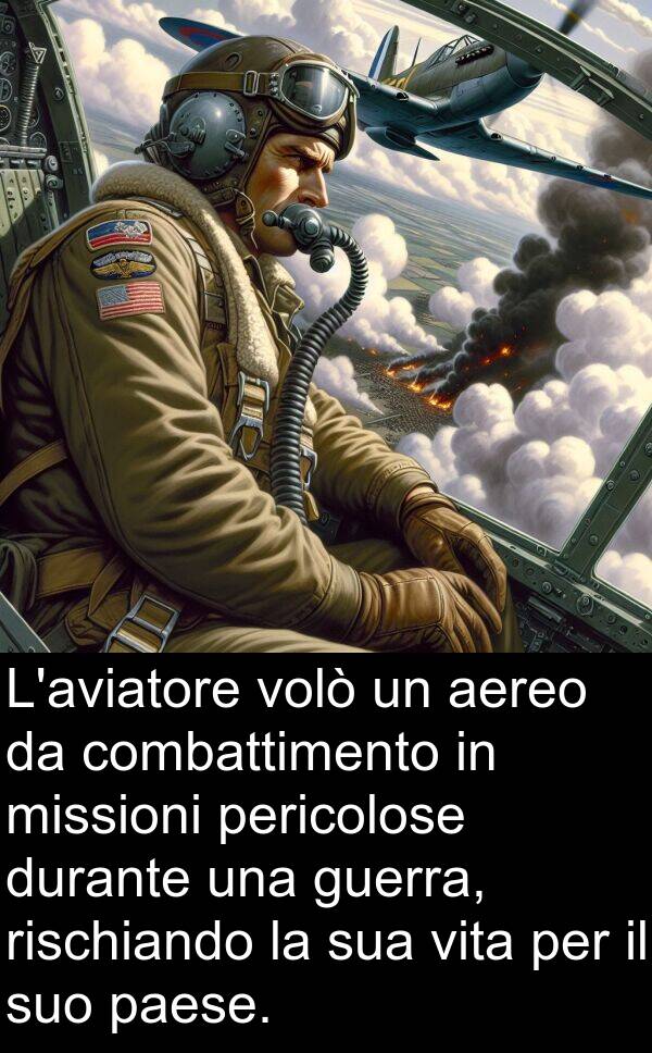 aereo: L'aviatore volò un aereo da combattimento in missioni pericolose durante una guerra, rischiando la sua vita per il suo paese.