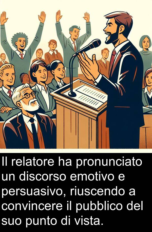 riuscendo: Il relatore ha pronunciato un discorso emotivo e persuasivo, riuscendo a convincere il pubblico del suo punto di vista.