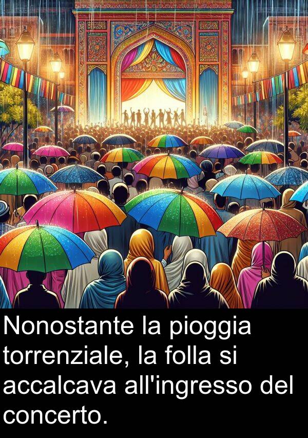 pioggia: Nonostante la pioggia torrenziale, la folla si accalcava all'ingresso del concerto.