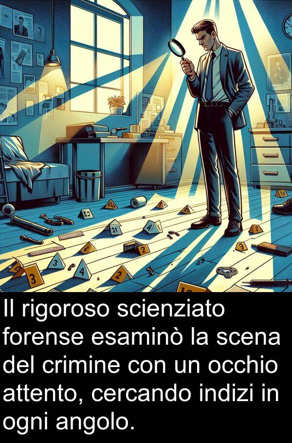 occhio: Il rigoroso scienziato forense esaminò la scena del crimine con un occhio attento, cercando indizi in ogni angolo.