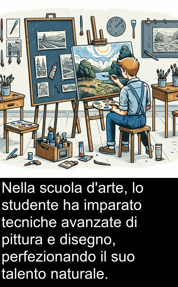 talento: Nella scuola d'arte, lo studente ha imparato tecniche avanzate di pittura e disegno, perfezionando il suo talento naturale.