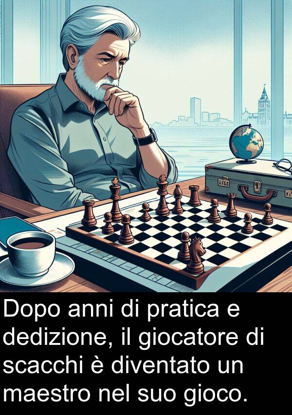 dedizione: Dopo anni di pratica e dedizione, il giocatore di scacchi è diventato un maestro nel suo gioco.