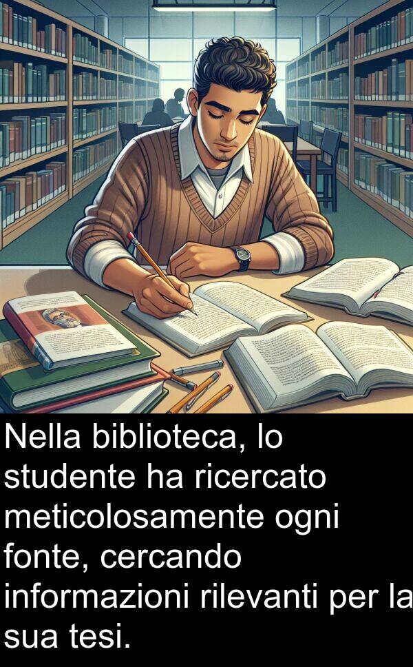 tesi: Nella biblioteca, lo studente ha ricercato meticolosamente ogni fonte, cercando informazioni rilevanti per la sua tesi.