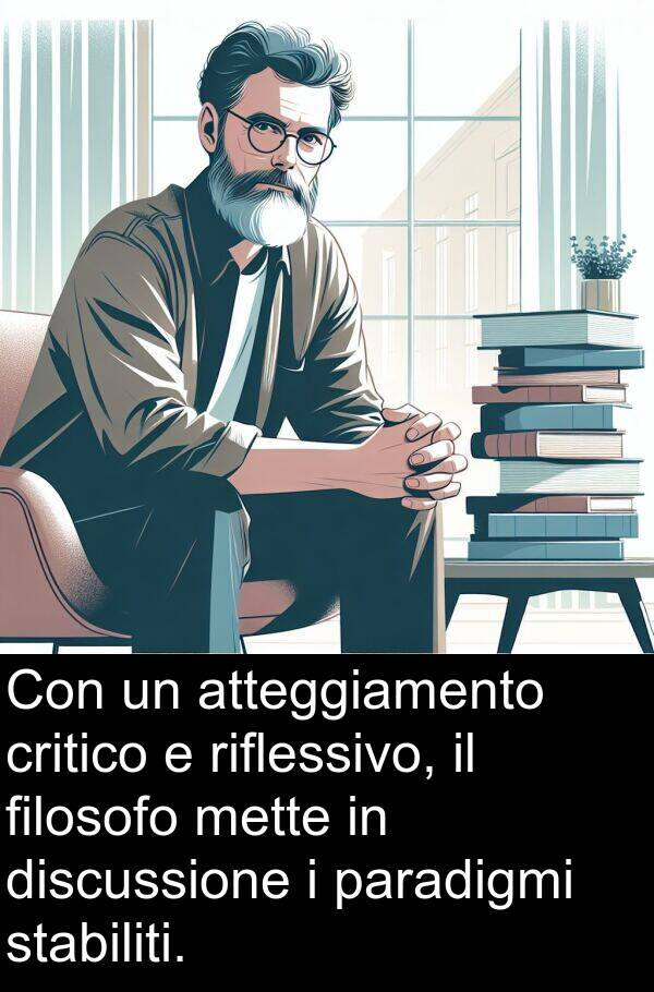 riflessivo: Con un atteggiamento critico e riflessivo, il filosofo mette in discussione i paradigmi stabiliti.