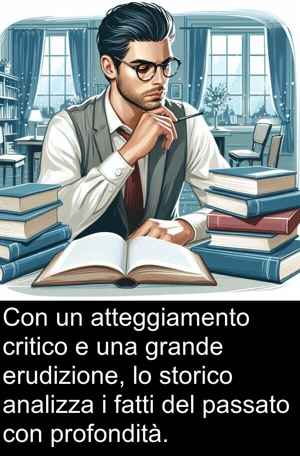 fatti: Con un atteggiamento critico e una grande erudizione, lo storico analizza i fatti del passato con profondità.