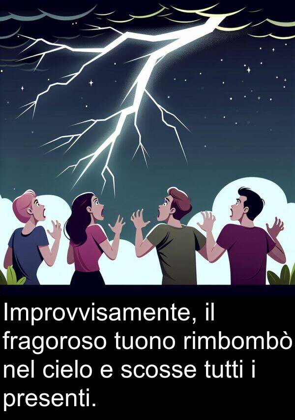 presenti: Improvvisamente, il fragoroso tuono rimbombò nel cielo e scosse tutti i presenti.