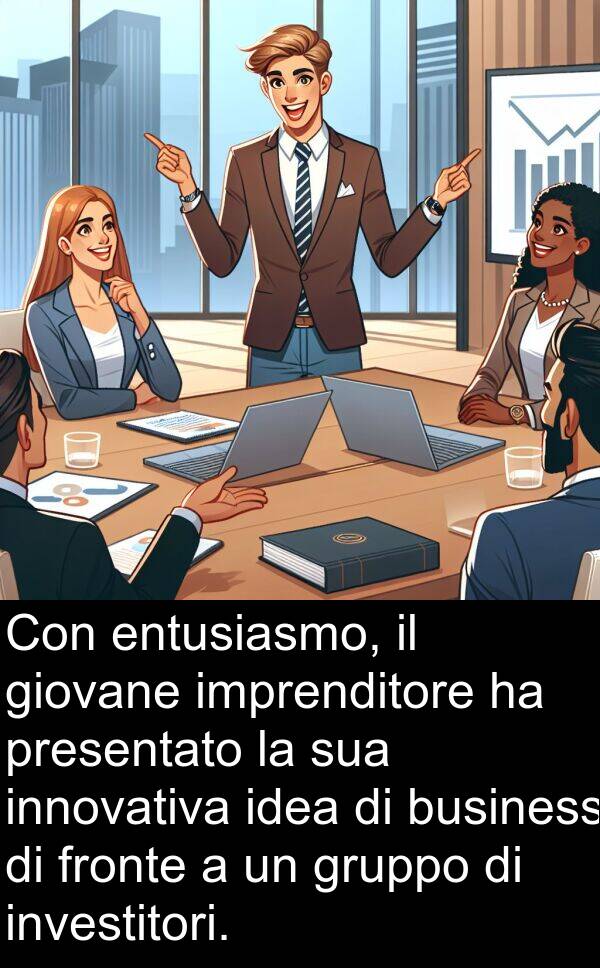 giovane: Con entusiasmo, il giovane imprenditore ha presentato la sua innovativa idea di business di fronte a un gruppo di investitori.