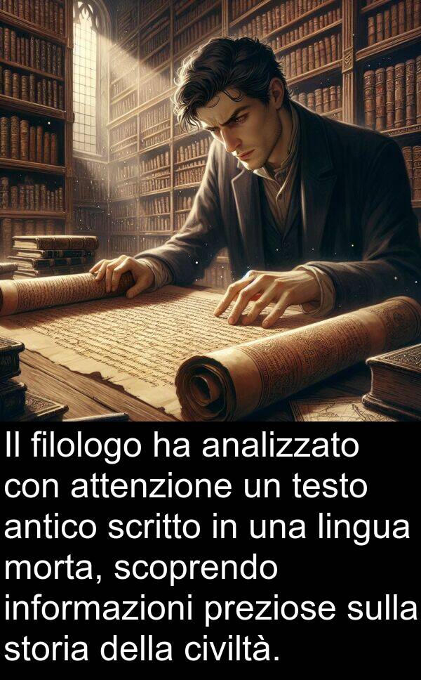 lingua: Il filologo ha analizzato con attenzione un testo antico scritto in una lingua morta, scoprendo informazioni preziose sulla storia della civiltà.