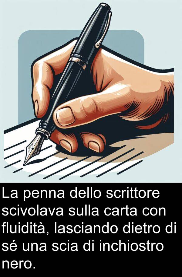 inchiostro: La penna dello scrittore scivolava sulla carta con fluidità, lasciando dietro di sé una scia di inchiostro nero.