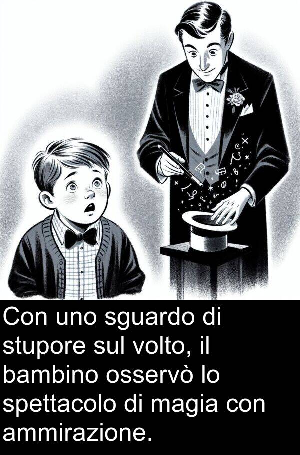 magia: Con uno sguardo di stupore sul volto, il bambino osservò lo spettacolo di magia con ammirazione.