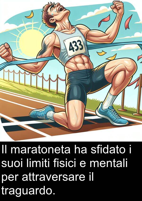 sfidato: Il maratoneta ha sfidato i suoi limiti fisici e mentali per attraversare il traguardo.