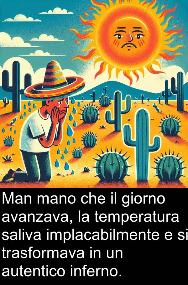 temperatura: Man mano che il giorno avanzava, la temperatura saliva implacabilmente e si trasformava in un autentico inferno.