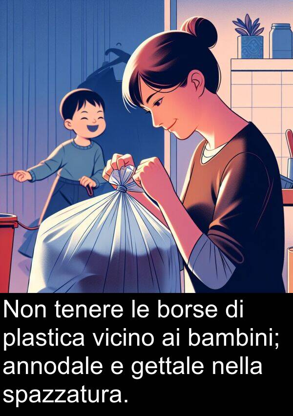 tenere: Non tenere le borse di plastica vicino ai bambini; annodale e gettale nella spazzatura.