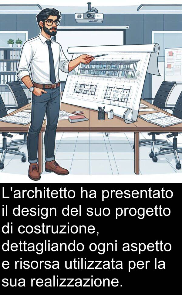 realizzazione: L'architetto ha presentato il design del suo progetto di costruzione, dettagliando ogni aspetto e risorsa utilizzata per la sua realizzazione.