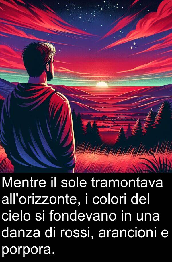 danza: Mentre il sole tramontava all'orizzonte, i colori del cielo si fondevano in una danza di rossi, arancioni e porpora.