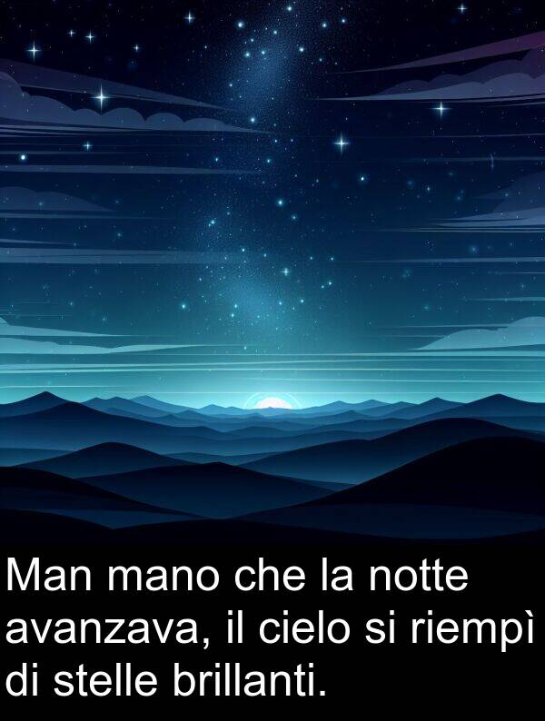 notte: Man mano che la notte avanzava, il cielo si riempì di stelle brillanti.