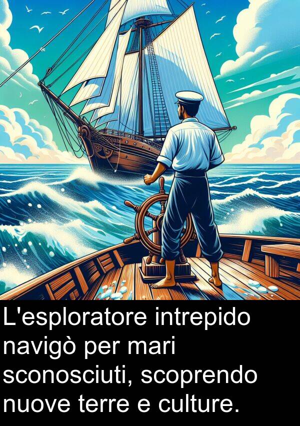 navigò: L'esploratore intrepido navigò per mari sconosciuti, scoprendo nuove terre e culture.