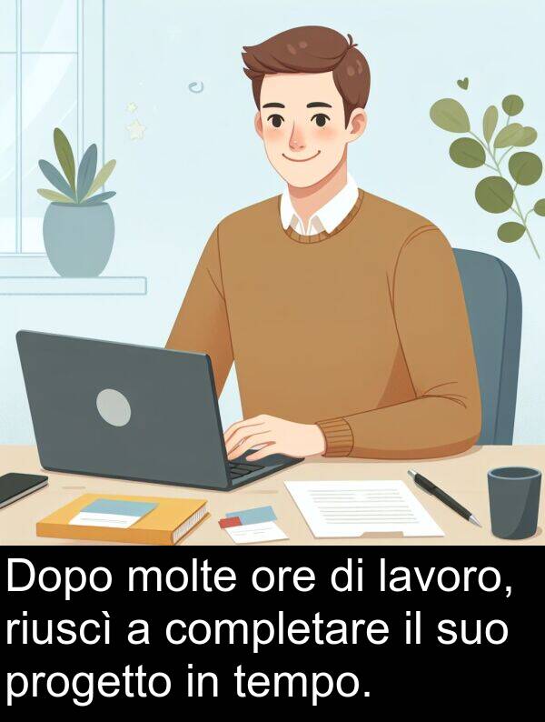 lavoro: Dopo molte ore di lavoro, riuscì a completare il suo progetto in tempo.