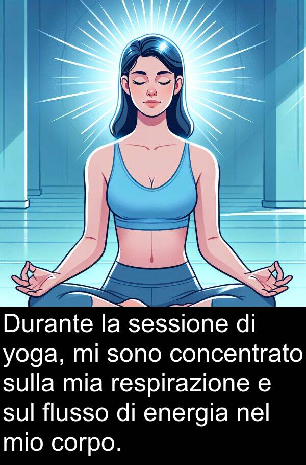 yoga: Durante la sessione di yoga, mi sono concentrato sulla mia respirazione e sul flusso di energia nel mio corpo.