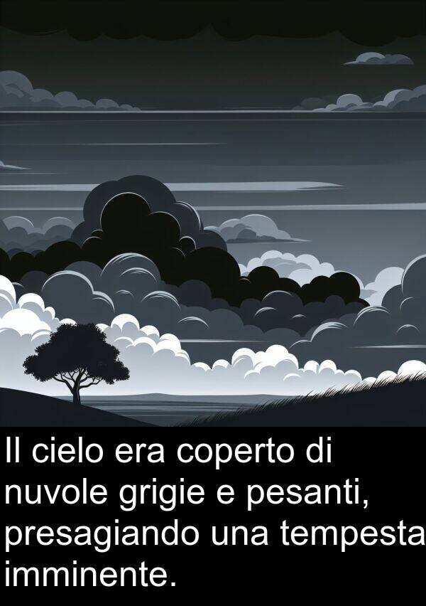 tempesta: Il cielo era coperto di nuvole grigie e pesanti, presagiando una tempesta imminente.