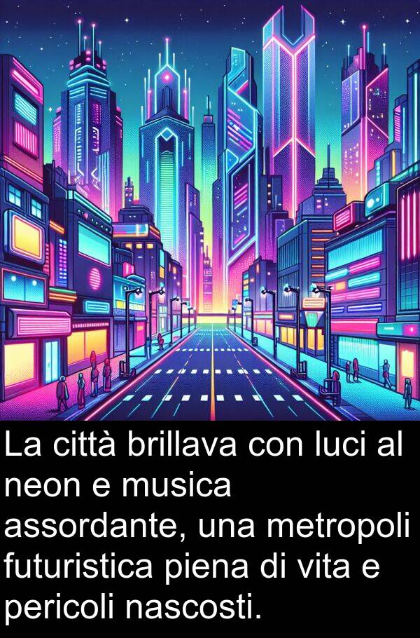 nascosti: La città brillava con luci al neon e musica assordante, una metropoli futuristica piena di vita e pericoli nascosti.