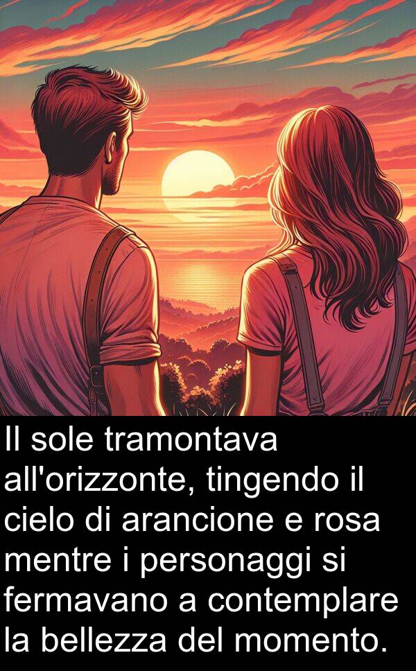 rosa: Il sole tramontava all'orizzonte, tingendo il cielo di arancione e rosa mentre i personaggi si fermavano a contemplare la bellezza del momento.