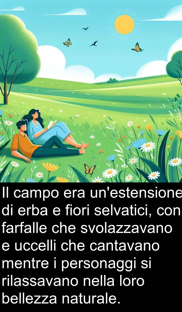 erba: Il campo era un'estensione di erba e fiori selvatici, con farfalle che svolazzavano e uccelli che cantavano mentre i personaggi si rilassavano nella loro bellezza naturale.