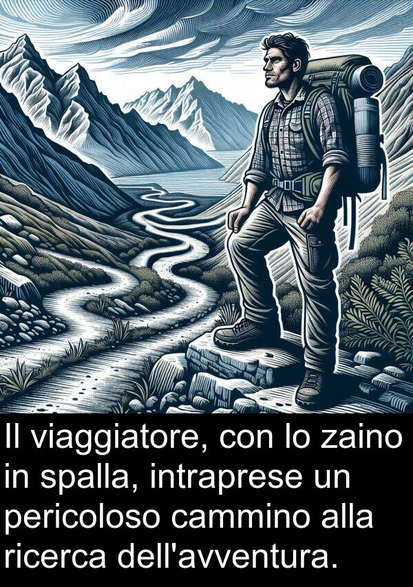 zaino: Il viaggiatore, con lo zaino in spalla, intraprese un pericoloso cammino alla ricerca dell'avventura.