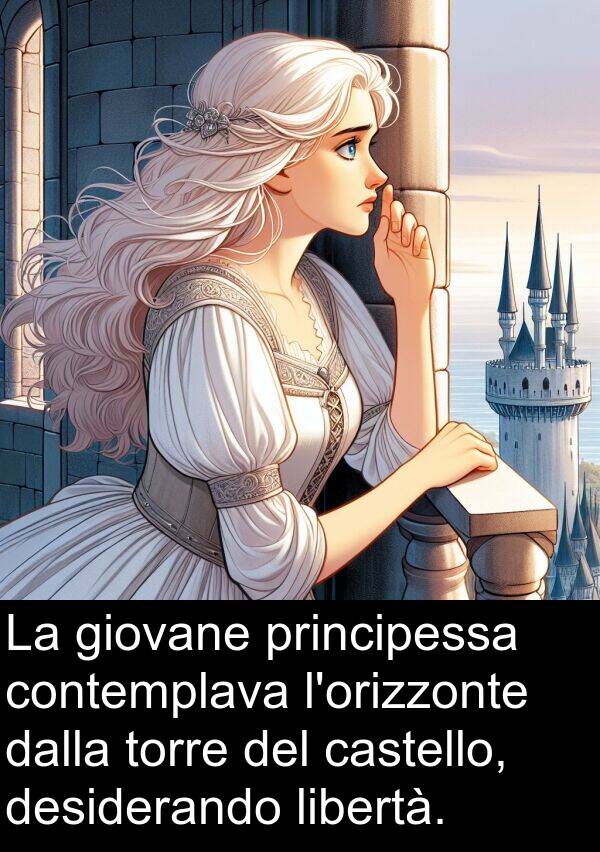 principessa: La giovane principessa contemplava l'orizzonte dalla torre del castello, desiderando libertà.