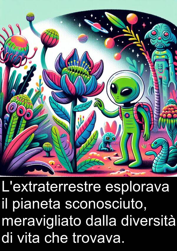 dalla: L'extraterrestre esplorava il pianeta sconosciuto, meravigliato dalla diversità di vita che trovava.