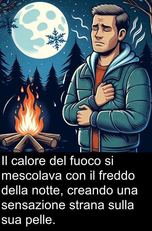 calore: Il calore del fuoco si mescolava con il freddo della notte, creando una sensazione strana sulla sua pelle.