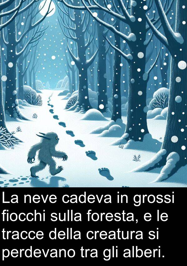 cadeva: La neve cadeva in grossi fiocchi sulla foresta, e le tracce della creatura si perdevano tra gli alberi.