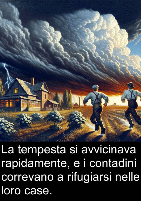 tempesta: La tempesta si avvicinava rapidamente, e i contadini correvano a rifugiarsi nelle loro case.