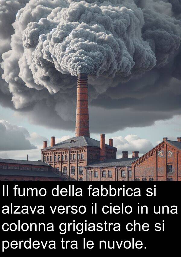 verso: Il fumo della fabbrica si alzava verso il cielo in una colonna grigiastra che si perdeva tra le nuvole.