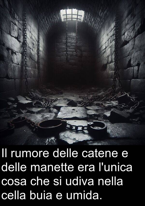 umida: Il rumore delle catene e delle manette era l'unica cosa che si udiva nella cella buia e umida.