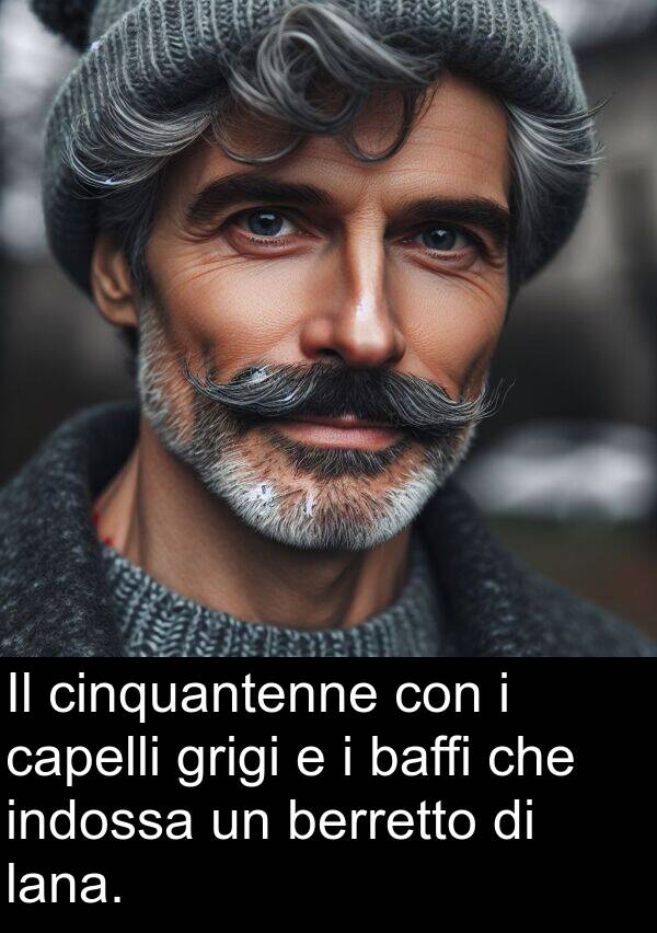 cinquantenne: Il cinquantenne con i capelli grigi e i baffi che indossa un berretto di lana.