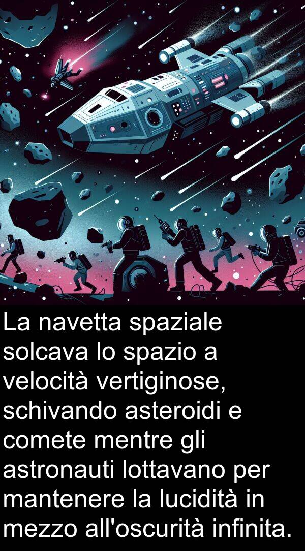 comete: La navetta spaziale solcava lo spazio a velocità vertiginose, schivando asteroidi e comete mentre gli astronauti lottavano per mantenere la lucidità in mezzo all'oscurità infinita.