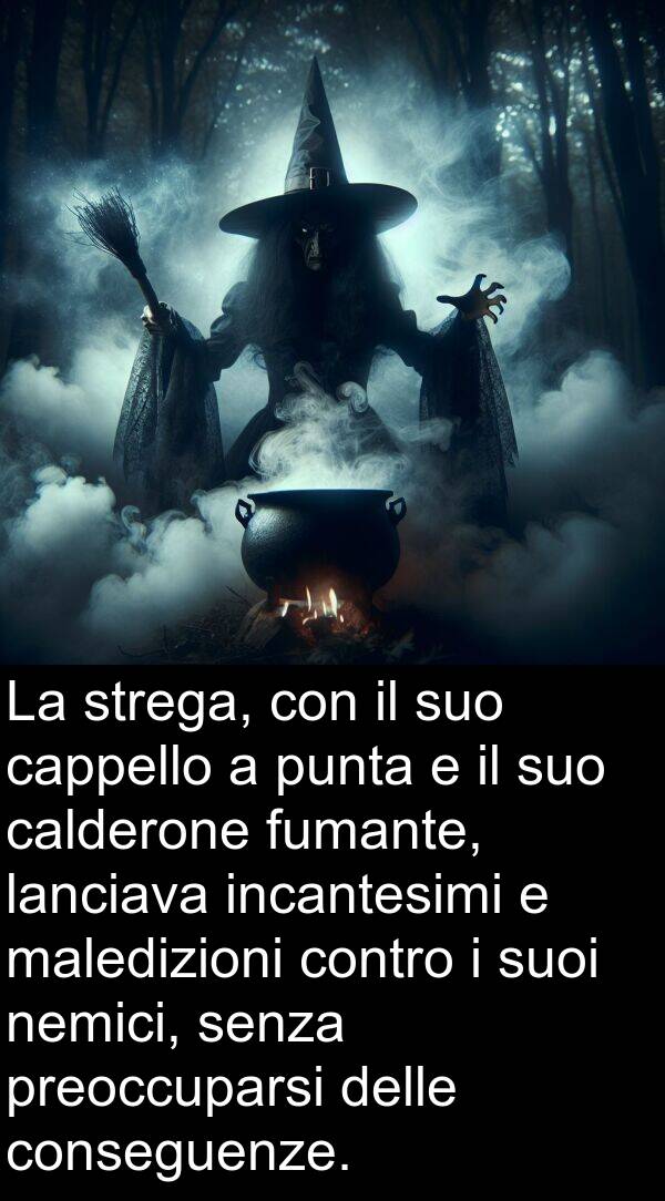 strega: La strega, con il suo cappello a punta e il suo calderone fumante, lanciava incantesimi e maledizioni contro i suoi nemici, senza preoccuparsi delle conseguenze.