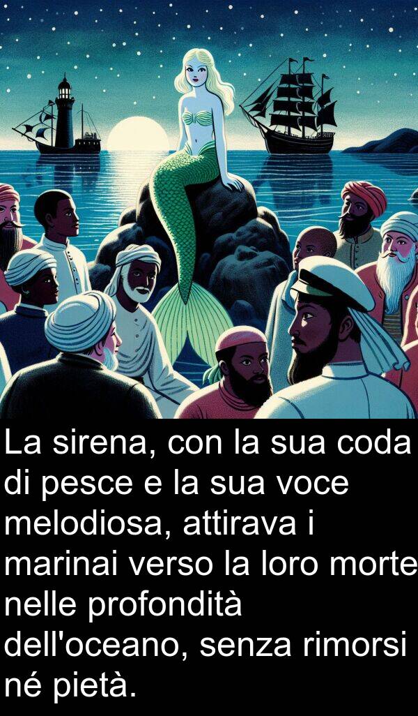 rimorsi: La sirena, con la sua coda di pesce e la sua voce melodiosa, attirava i marinai verso la loro morte nelle profondità dell'oceano, senza rimorsi né pietà.