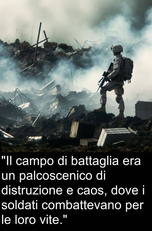 palcoscenico: "Il campo di battaglia era un palcoscenico di distruzione e caos, dove i soldati combattevano per le loro vite."