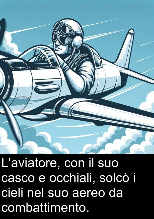 occhiali: L'aviatore, con il suo casco e occhiali, solcò i cieli nel suo aereo da combattimento.