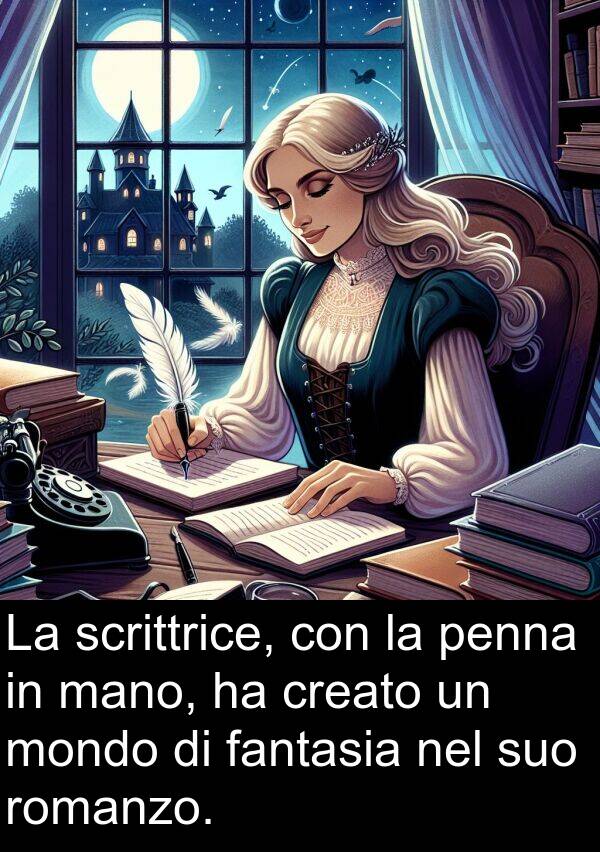 fantasia: La scrittrice, con la penna in mano, ha creato un mondo di fantasia nel suo romanzo.