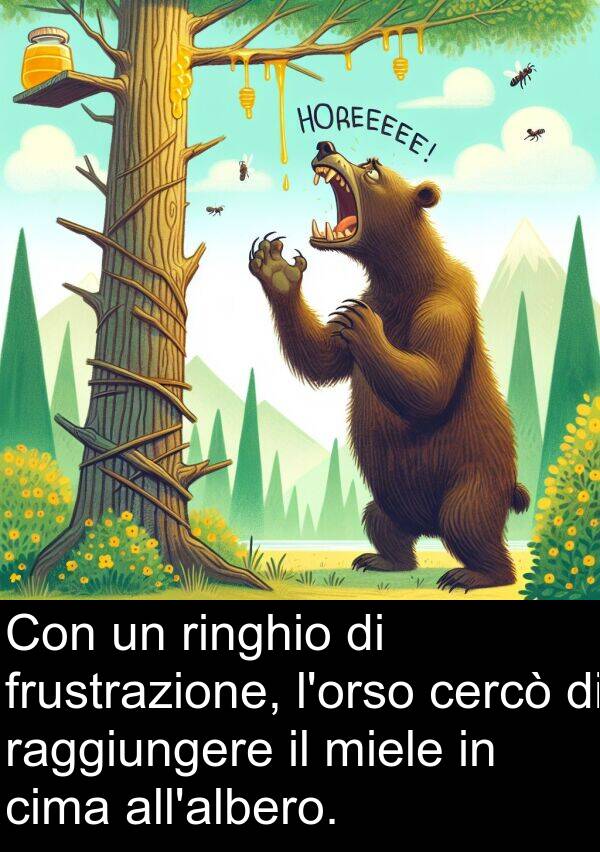 ringhio: Con un ringhio di frustrazione, l'orso cercò di raggiungere il miele in cima all'albero.