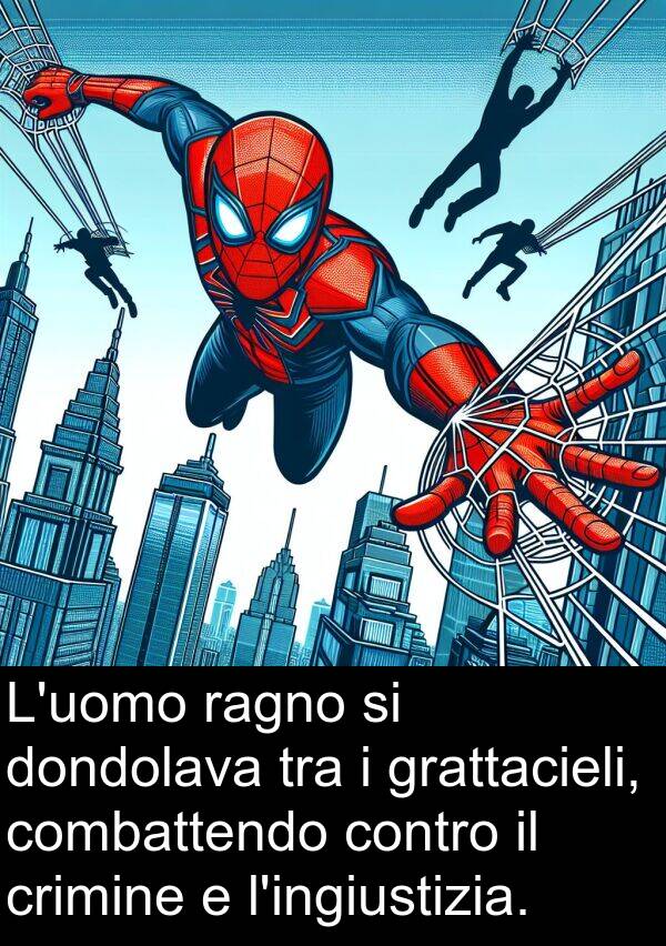 ragno: L'uomo ragno si dondolava tra i grattacieli, combattendo contro il crimine e l'ingiustizia.