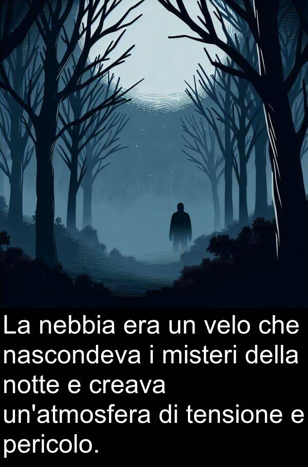 tensione: La nebbia era un velo che nascondeva i misteri della notte e creava un'atmosfera di tensione e pericolo.