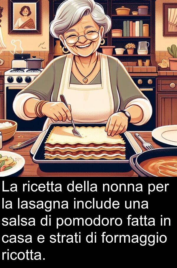 nonna: La ricetta della nonna per la lasagna include una salsa di pomodoro fatta in casa e strati di formaggio ricotta.