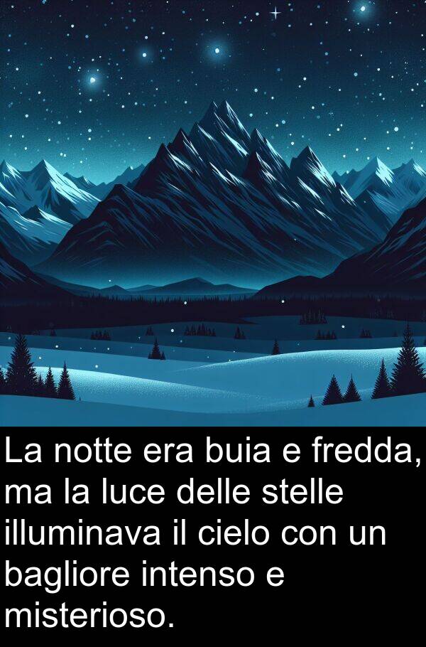 intenso: La notte era buia e fredda, ma la luce delle stelle illuminava il cielo con un bagliore intenso e misterioso.