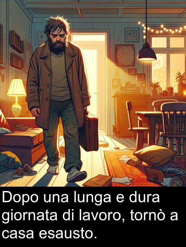 giornata: Dopo una lunga e dura giornata di lavoro, tornò a casa esausto.