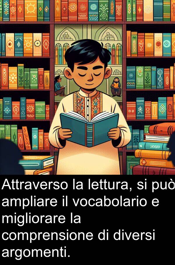 lettura: Attraverso la lettura, si può ampliare il vocabolario e migliorare la comprensione di diversi argomenti.