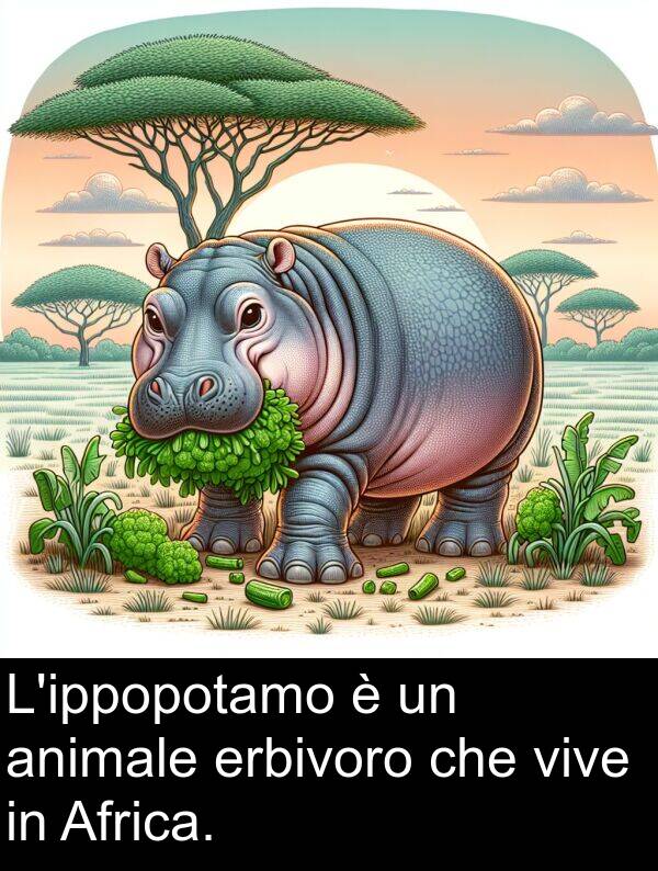 animale: L'ippopotamo è un animale erbivoro che vive in Africa.